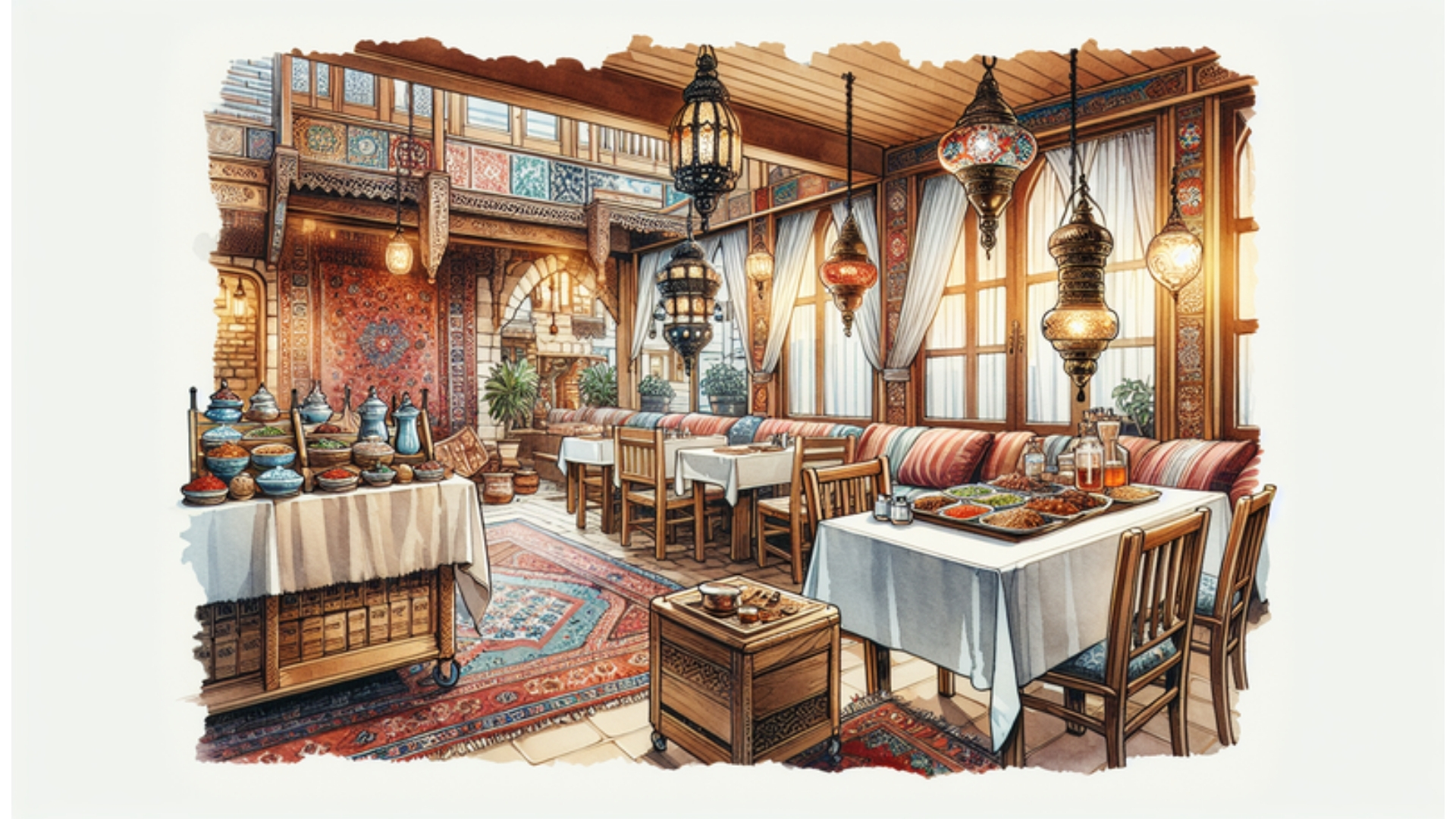 Einladendes Interieur eines traditionellen türkischen Restaurants in Lübeck mit einer Auswahl an authentischen Gerichten auf einem Tisch, in Aquarellstil.