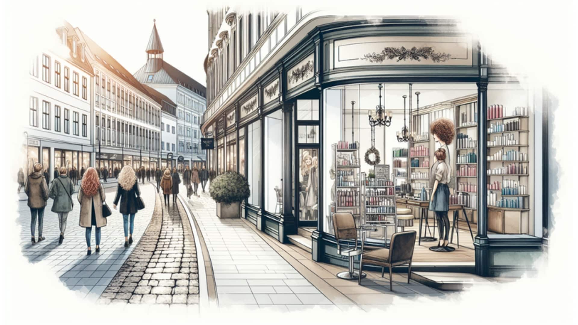 Charmanter Friseursalon in der Innenstadt von Lübeck, umgeben von entspannter Fußgängeratmosphäre im Aquarellstil.