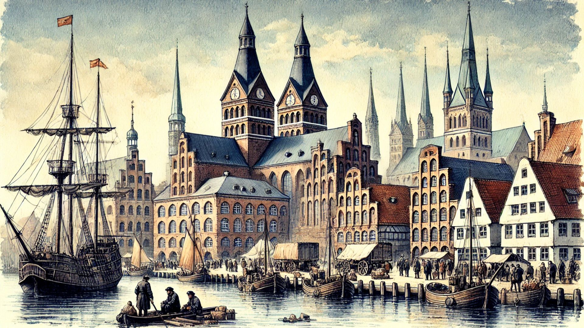 Historische Darstellung von Lübeck im Mittelalter mit Hanse-Schiffen im Hafen und der Altstadt im Hintergrund.