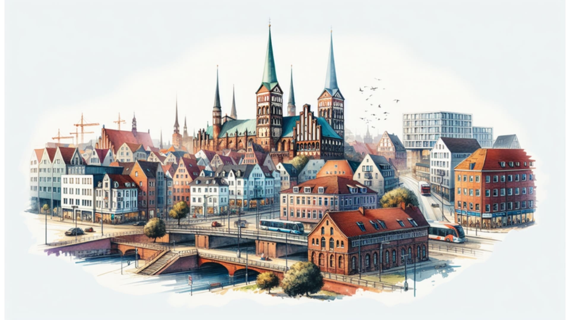 Aquarellillustration der Stadtentwicklung in Lübeck mit historischer Altstadt und moderner Infrastruktur im Hintergrund.